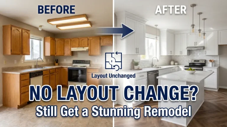 Before and after images of a kitchen remodel with updated cabinetry and flooring