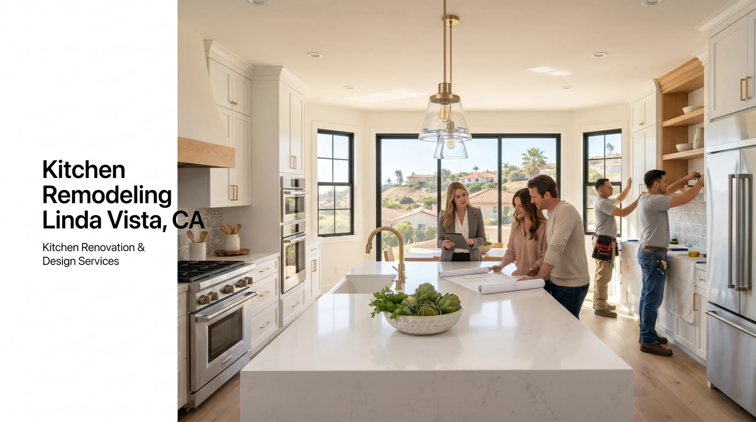 Modern kitchen remodeling project in Linda Vista, CA featuring custom white cabinetry, quartz countertops, kitchen island, designer lighting, and open-concept renovation design.