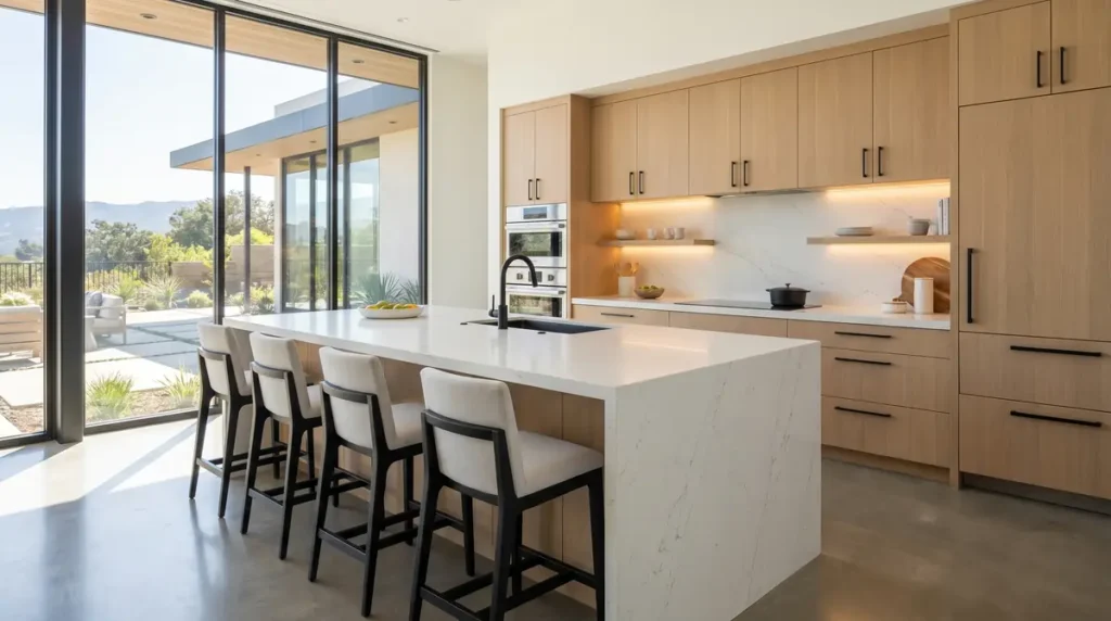 Contemporary kitchen with a large white island, bar stools, wooden cabinets, and floor-to-ceiling windows