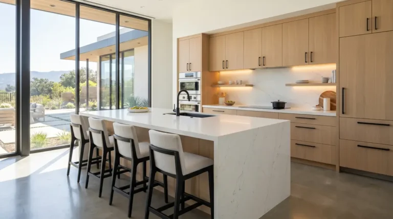 Contemporary kitchen with a large white island, bar stools, wooden cabinets, and floor-to-ceiling windows