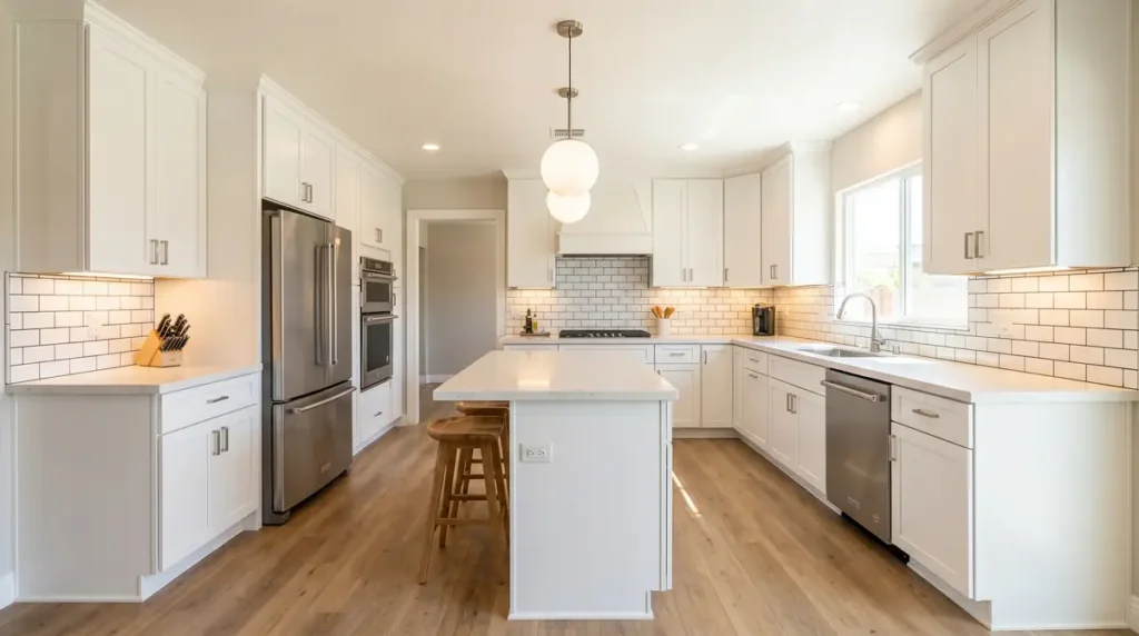 Bright modern kitchen with white cabinets, stainless steel appliances, and wooden stools at island