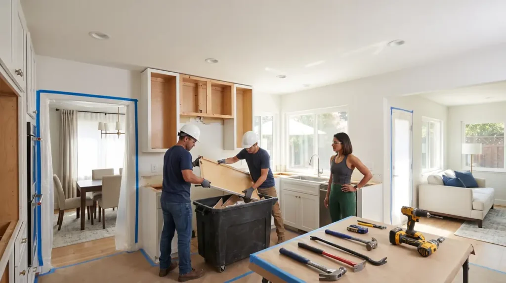 Two workers loading cabinet wood into trash bin as woman in athletic wear watches in kitchen