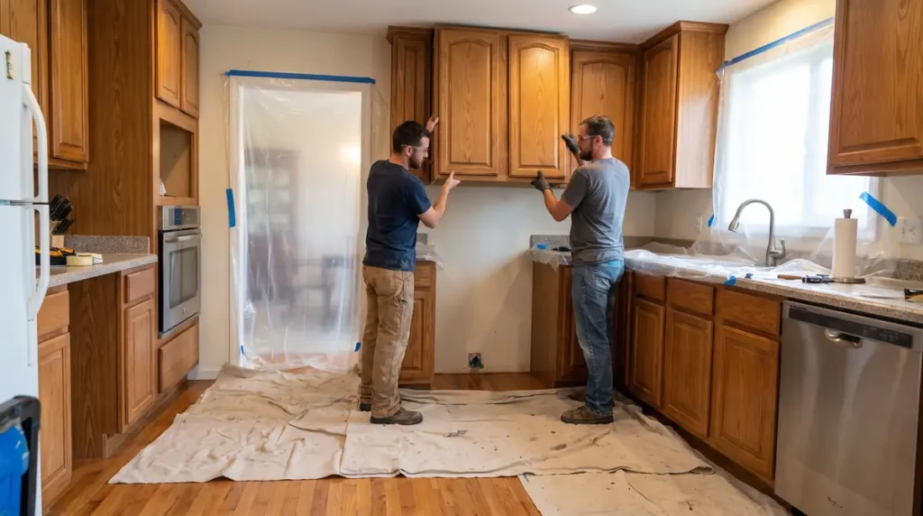 Two men removing upper wooden cabinets in a kitchen with protective coverings