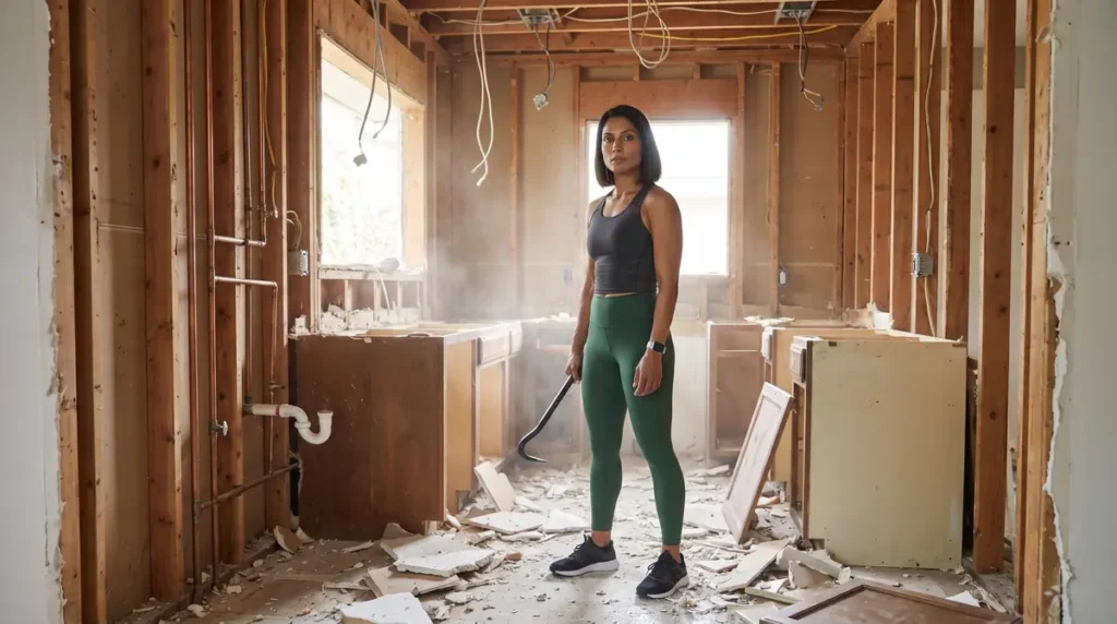 Woman in athletic wear standing in a kitchen demolished to the studs holding a crowbar