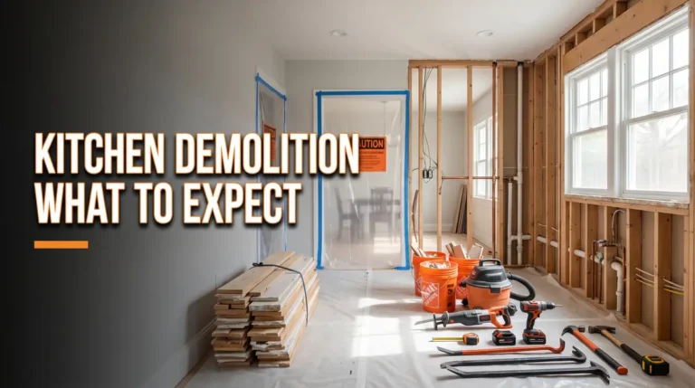 Interior kitchen area under demolition with exposed studs, tools, and buckets
