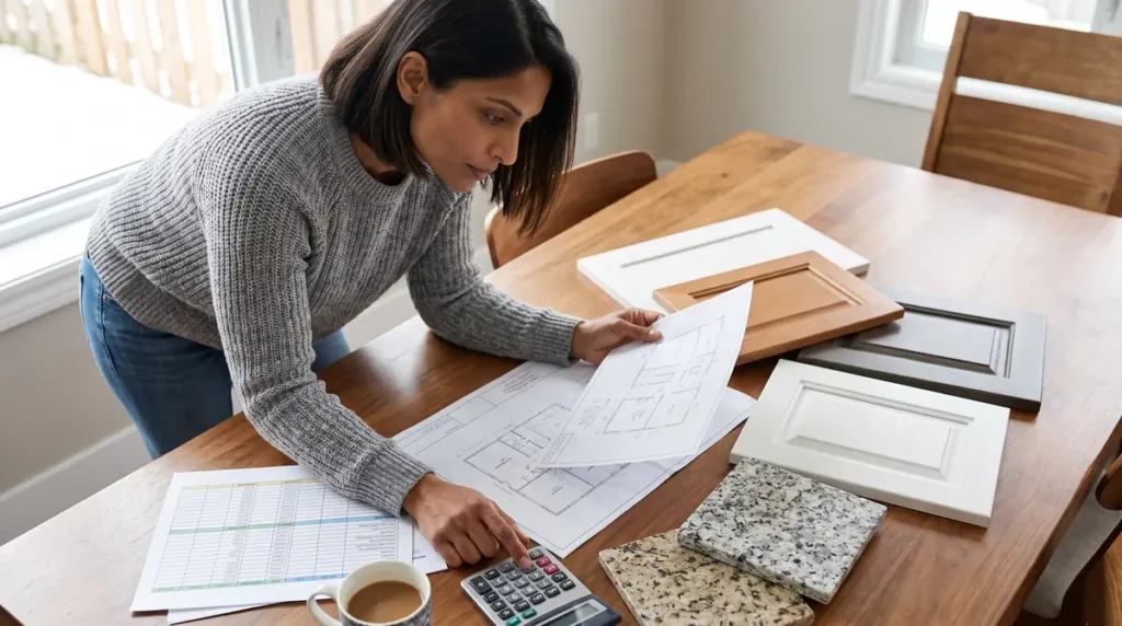 Woman using calculator and reviewing kitchen remodel plans with cabinet door samples and countertops