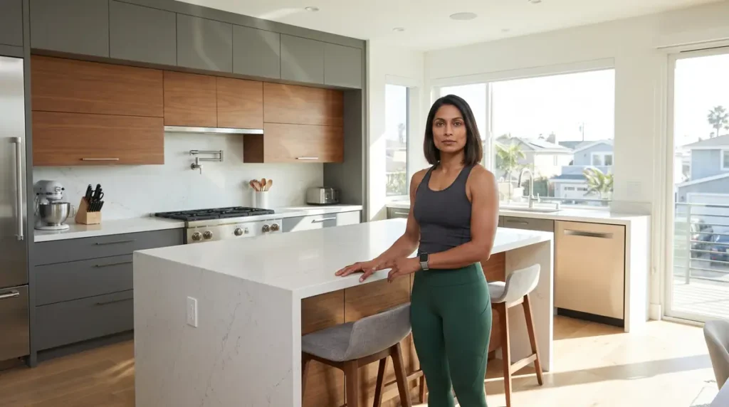 Woman standing in a modern kitchen with wooden and gray cabinets and white island
