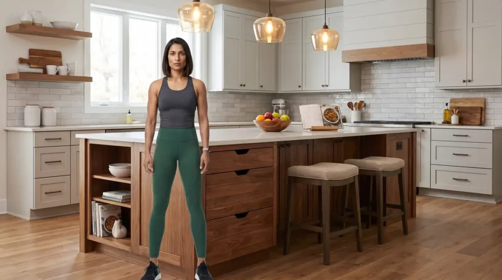 Woman in athletic wear standing in a modern kitchen with wooden island and white cabinets