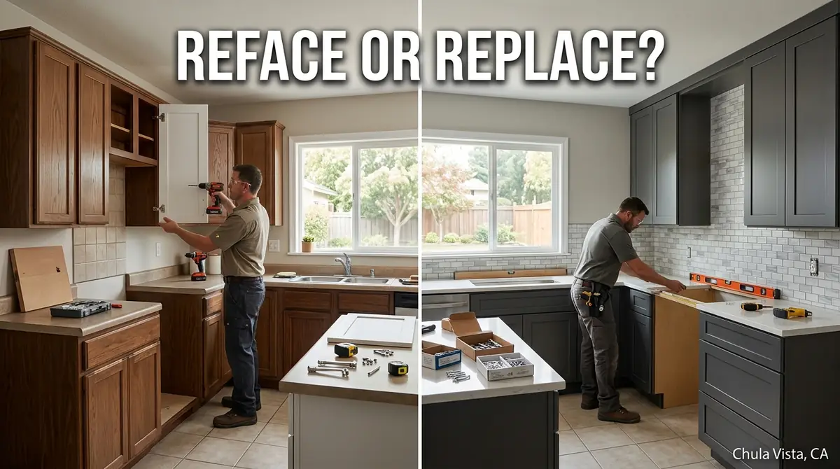 Cabinet refacing versus cabinet replacement comparison in a kitchen remodel
