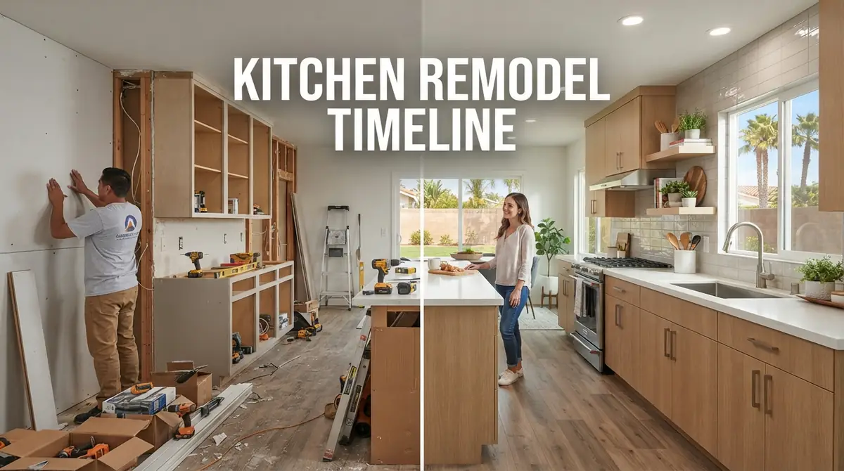 Kitchen remodel timeline showing construction stages in a Chula Vista home