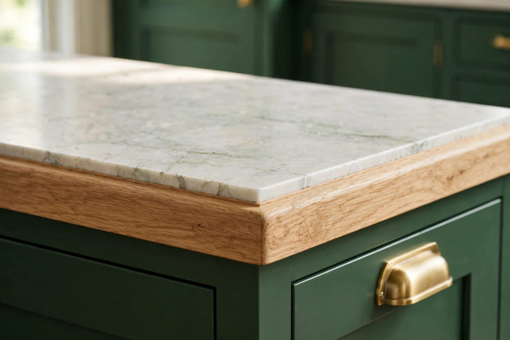 Veined quartz countertop and white oak island edge with brushed brass hardware on deep green cabinets