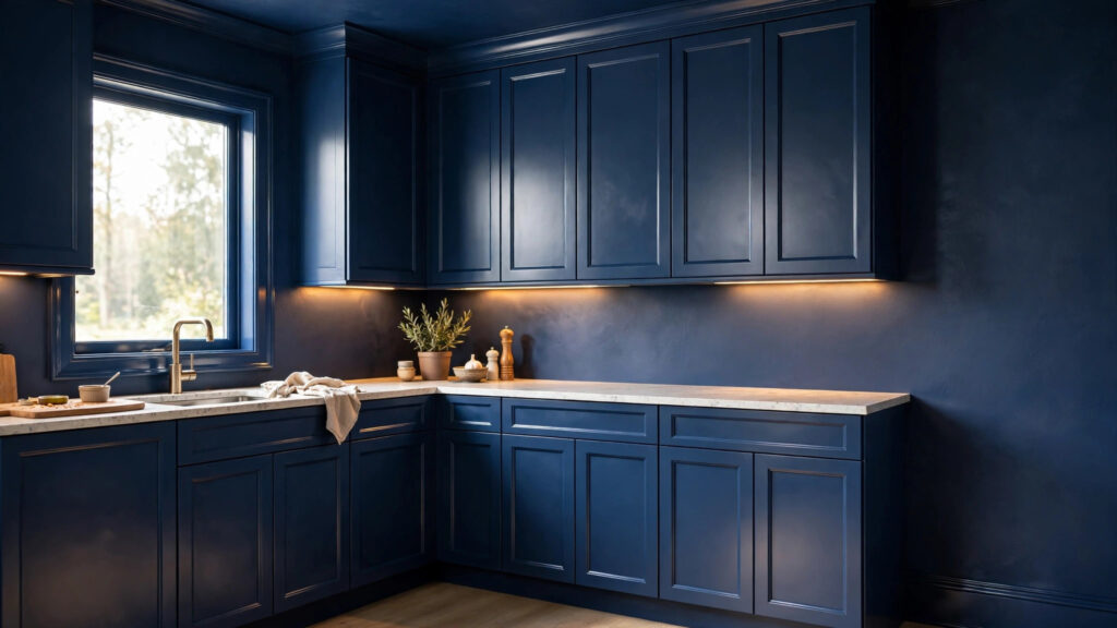 Deep blue color-drenched kitchen showing satin cabinets, matte walls, and warm under-cabinet lighting