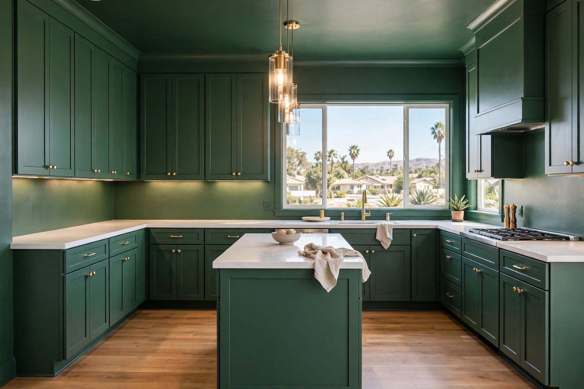 Deep green color-drenched kitchen in Chula Vista with matching cabinets, walls, trim, and light quartz counters