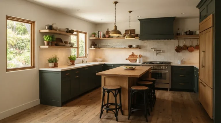 cozy kitchen with green cabinetry