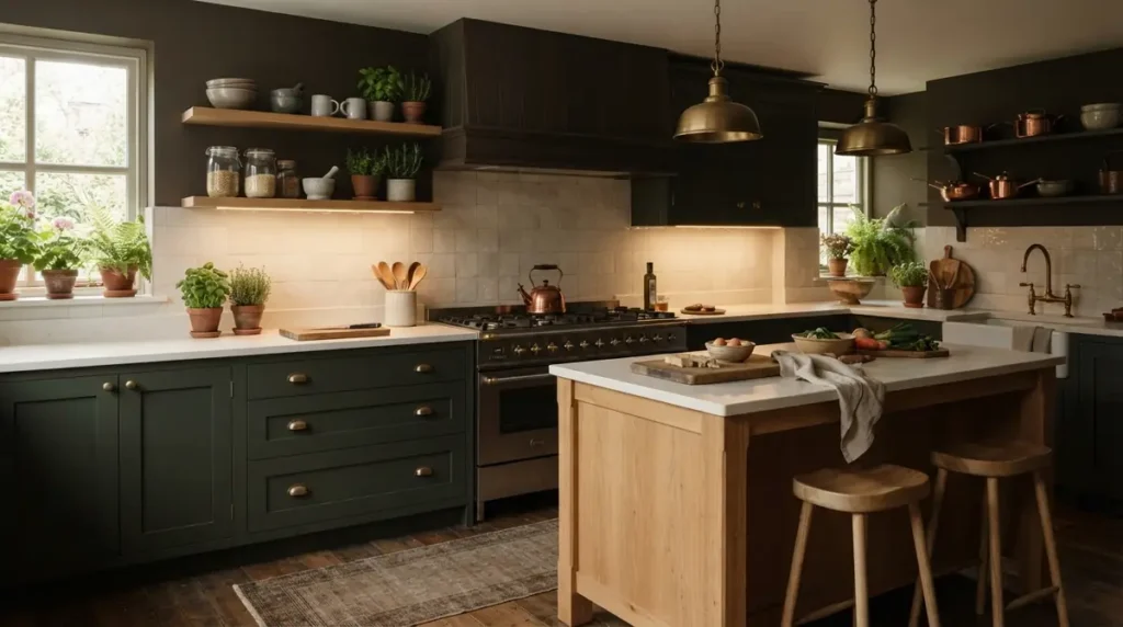 forest green kitchen with oak is