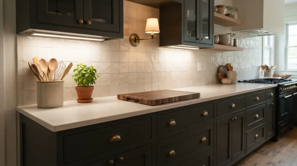 kitchen prep zone with cabinets