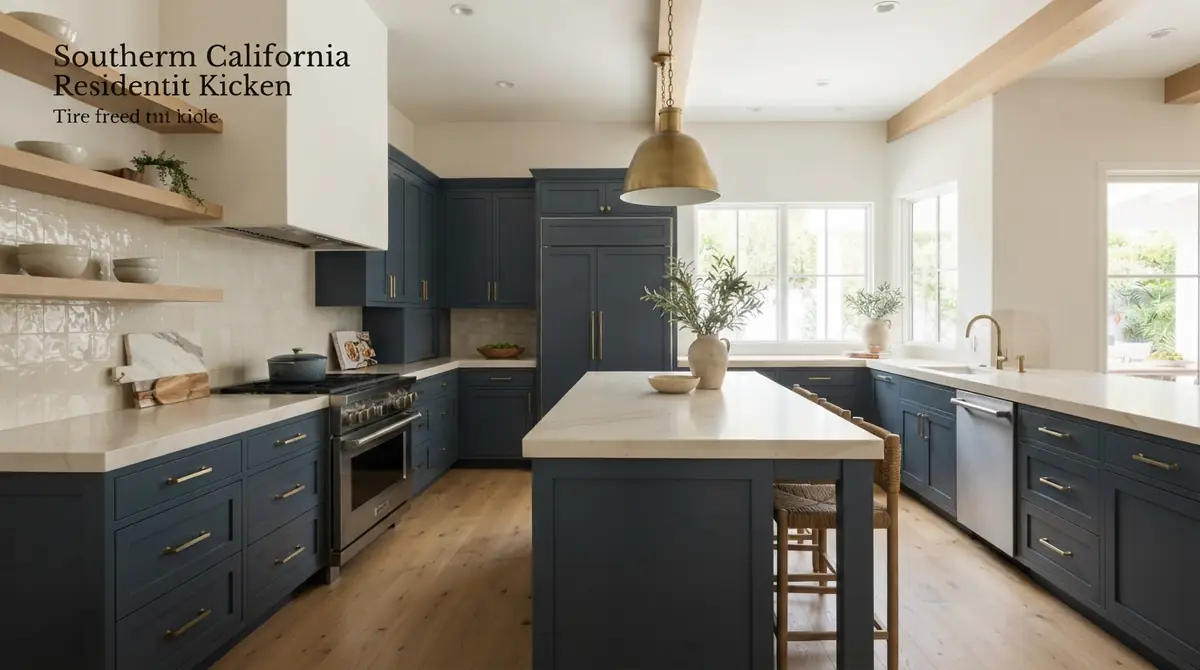 moody blue kitchen with oak