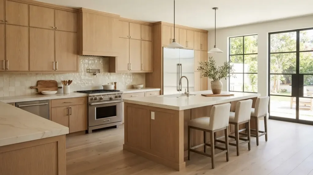 warm wood kitchen with white