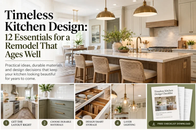 Timeless kitchen design with warm wood island, cream cabinets, quartz counters, and layered lighting