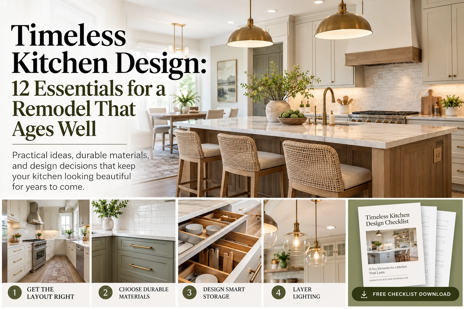 Timeless kitchen design with warm wood island, cream cabinets, quartz counters, and layered lighting