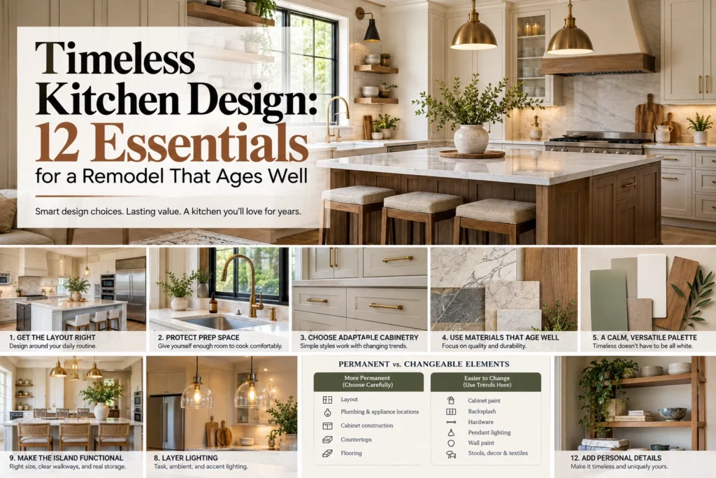 Timeless kitchen design infographic covering layout, cabinetry, materials, storage, lighting, and finishes