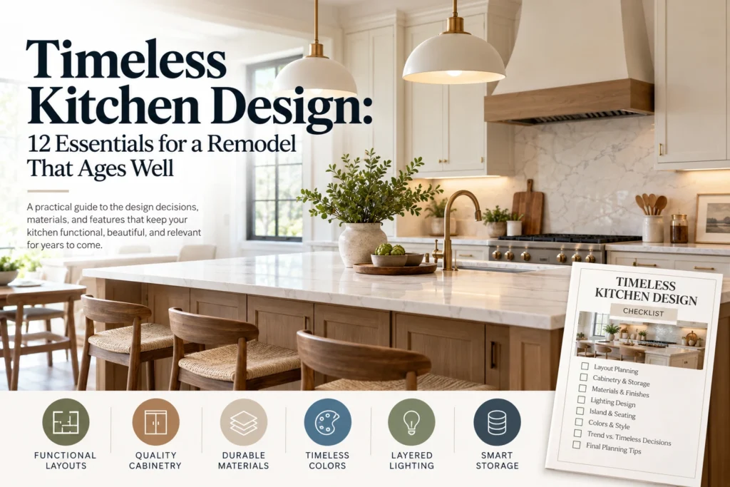Timeless kitchen design checklist beside a warm neutral remodeled kitchen