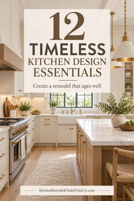 Pinterest graphic showing 12 timeless kitchen design essentials for a remodel that ages well