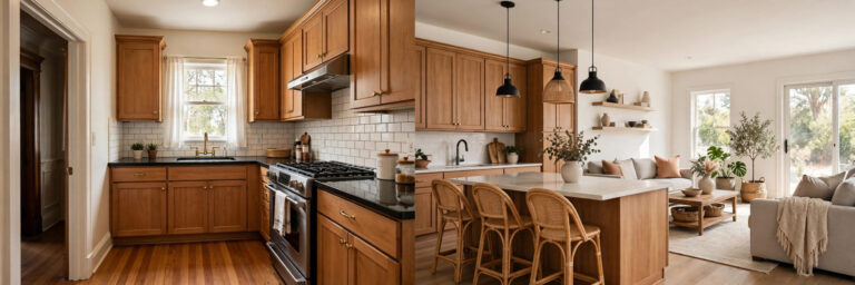 Closed kitchen with a doorway beside an open-concept kitchen and living room comparison
