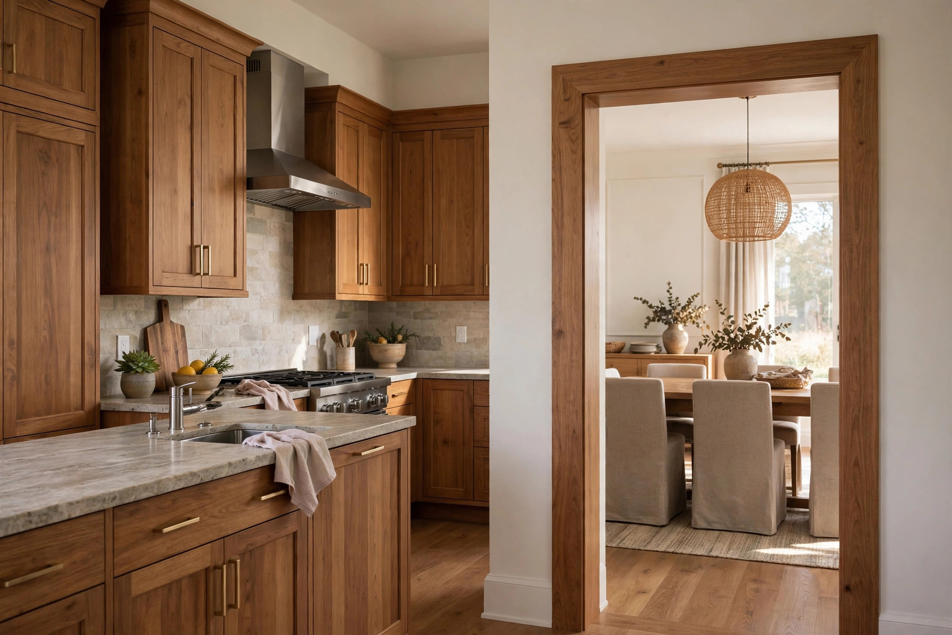 Closed kitchen with a cased opening to the dining room in warm wood tones