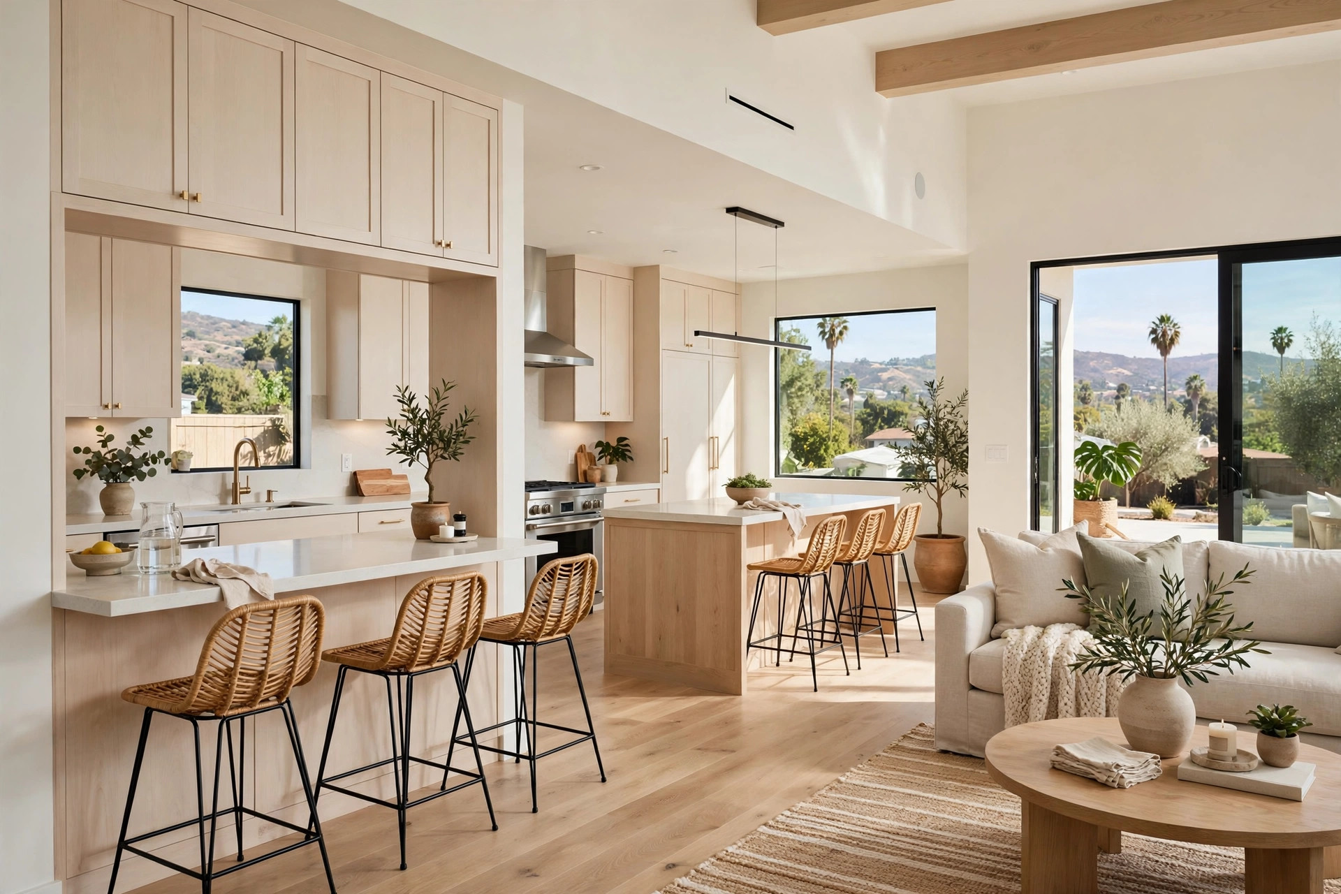 Open-concept kitchen and living room with a breakfast bar in a California home