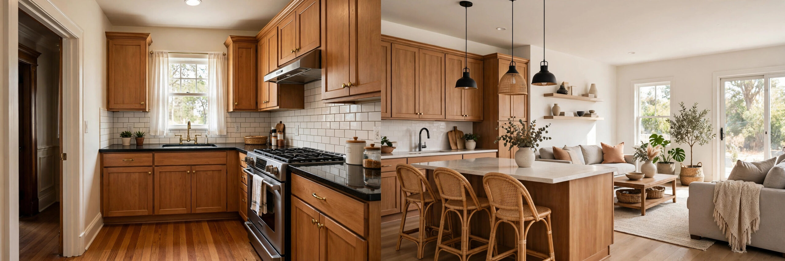 Closed kitchen with a doorway beside an open-concept kitchen and living room comparison