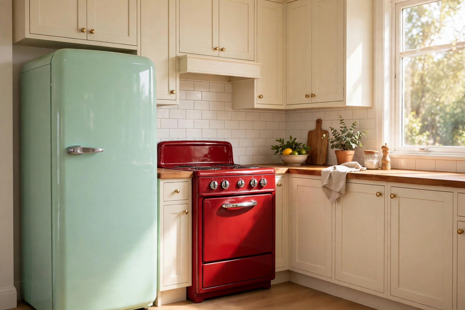 Mint green retro refrigerator beside a cherry red range in a bright kitchen