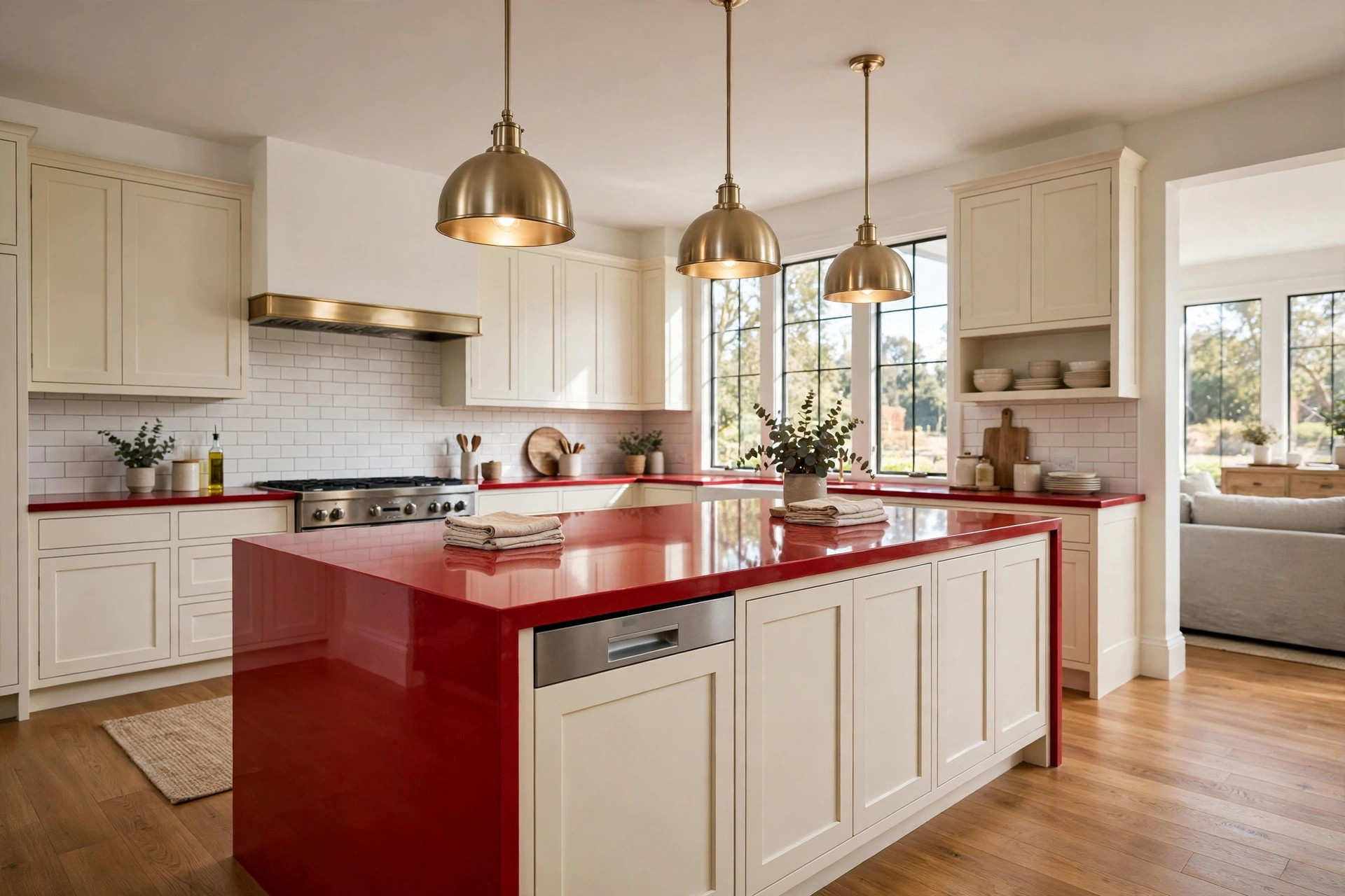 Glossy red countertop island with cream cabinets and brass pendant lights