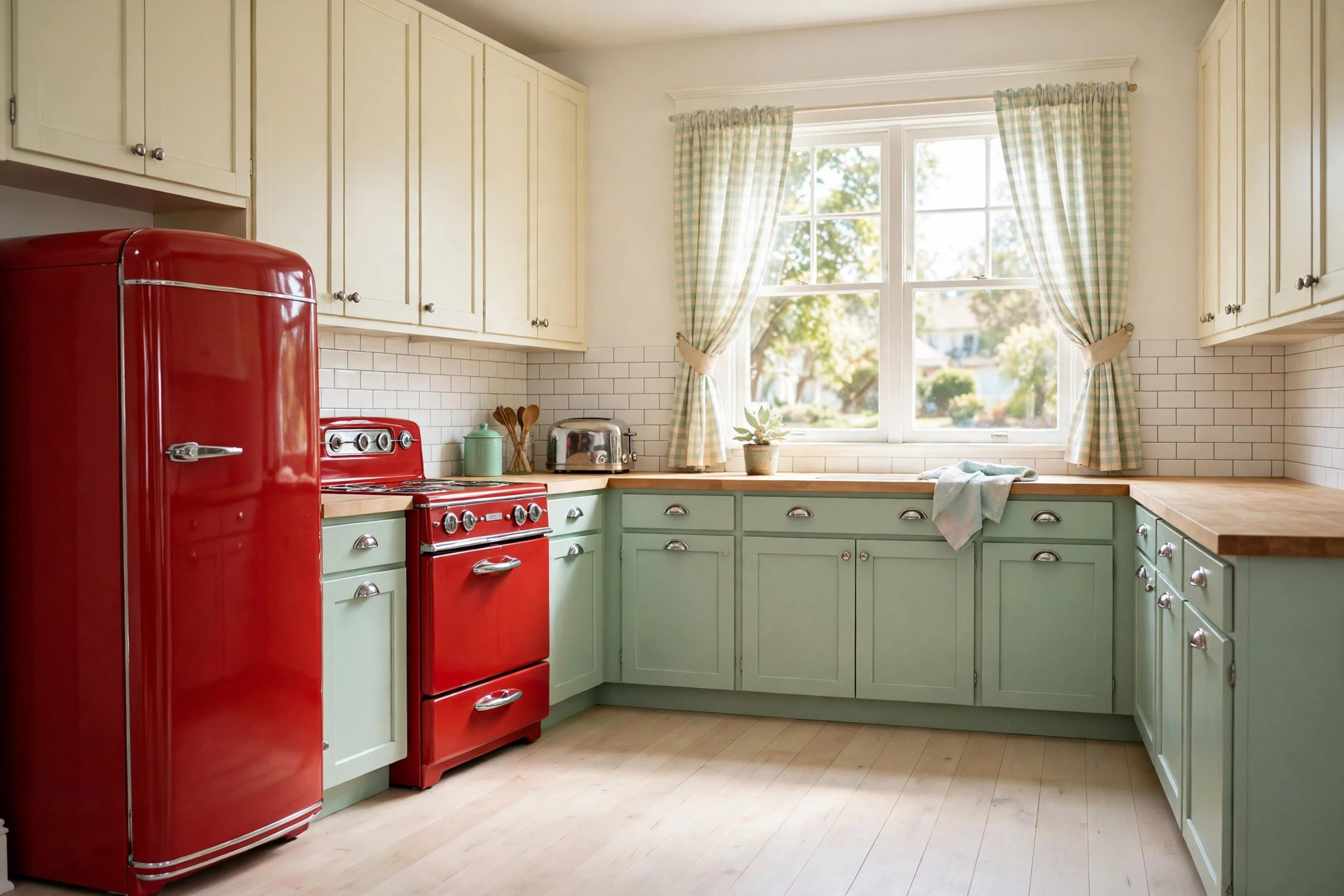 Retro colorful kitchen with mint cabinets, red range, and checkerboard floor in a Chula Vista home.