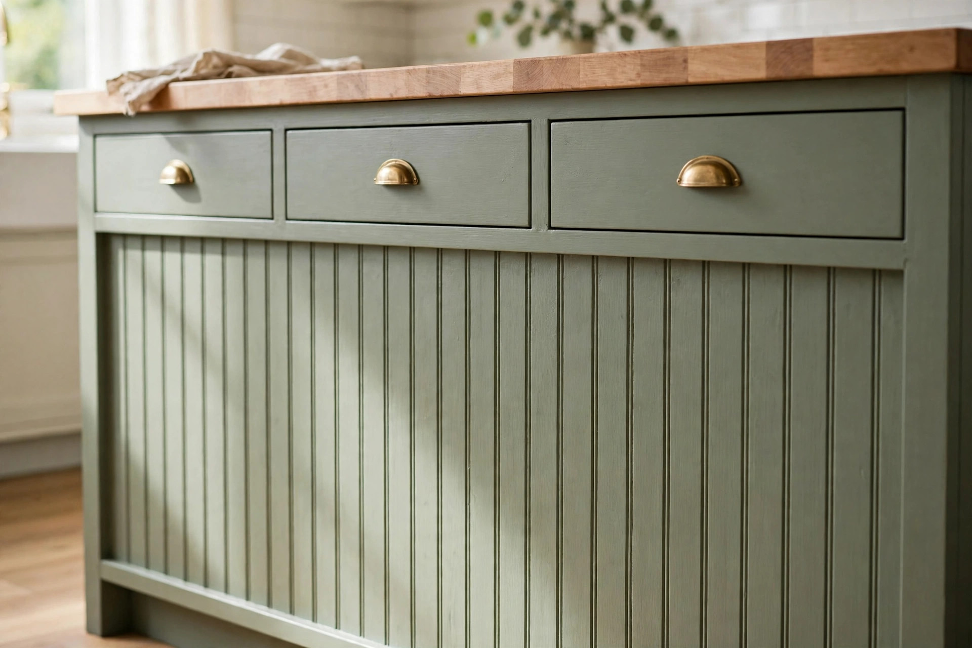 Sage-green beadboard island back with brass cup pulls and butcher block top