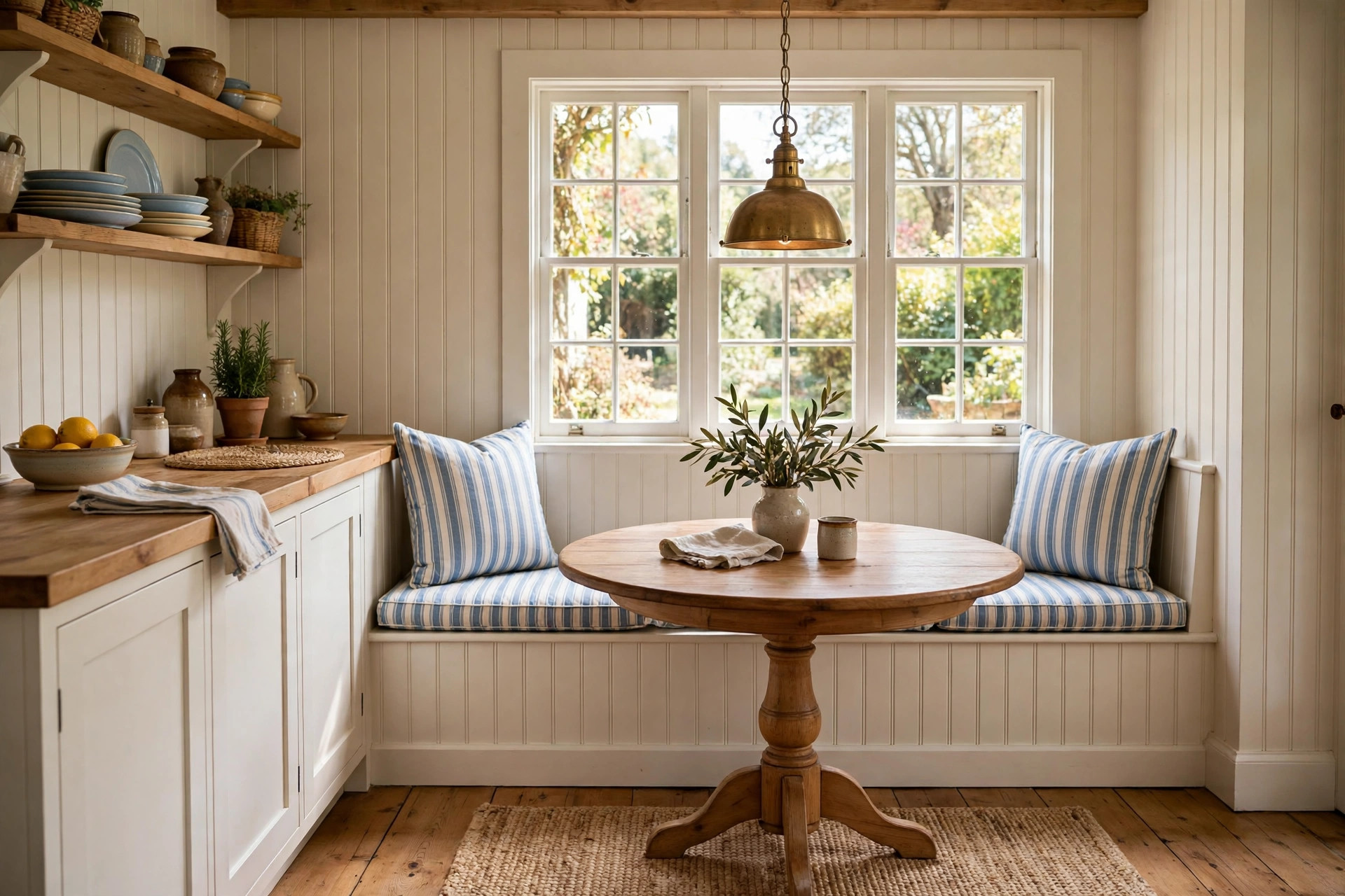 Built-in banquette eat-in nook with beadboard bench and striped cushions