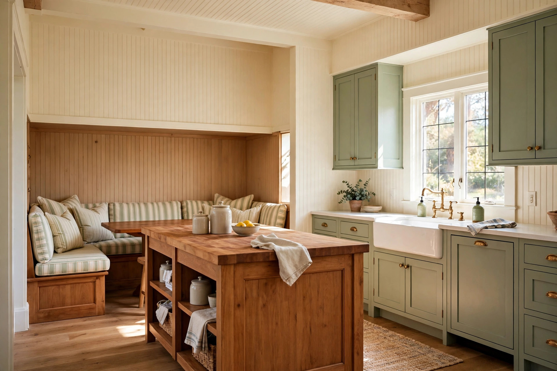 Cozy cottage kitchen with beadboard walls, apron sink and warm wood accents in a Chula Vista home