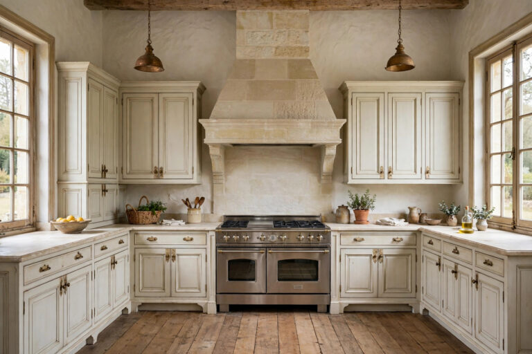 French-style kitchen with symmetrical cabinets, limestone hood, and aged brass pendant lights