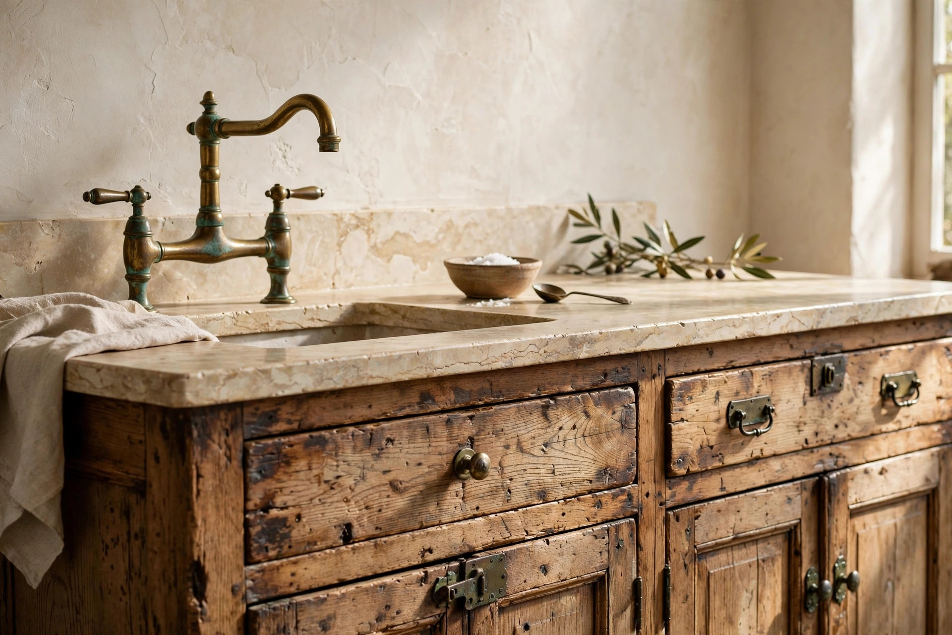 Patina'd brass bridge faucet, limestone counter, and aged oak cabinets in French kitchen