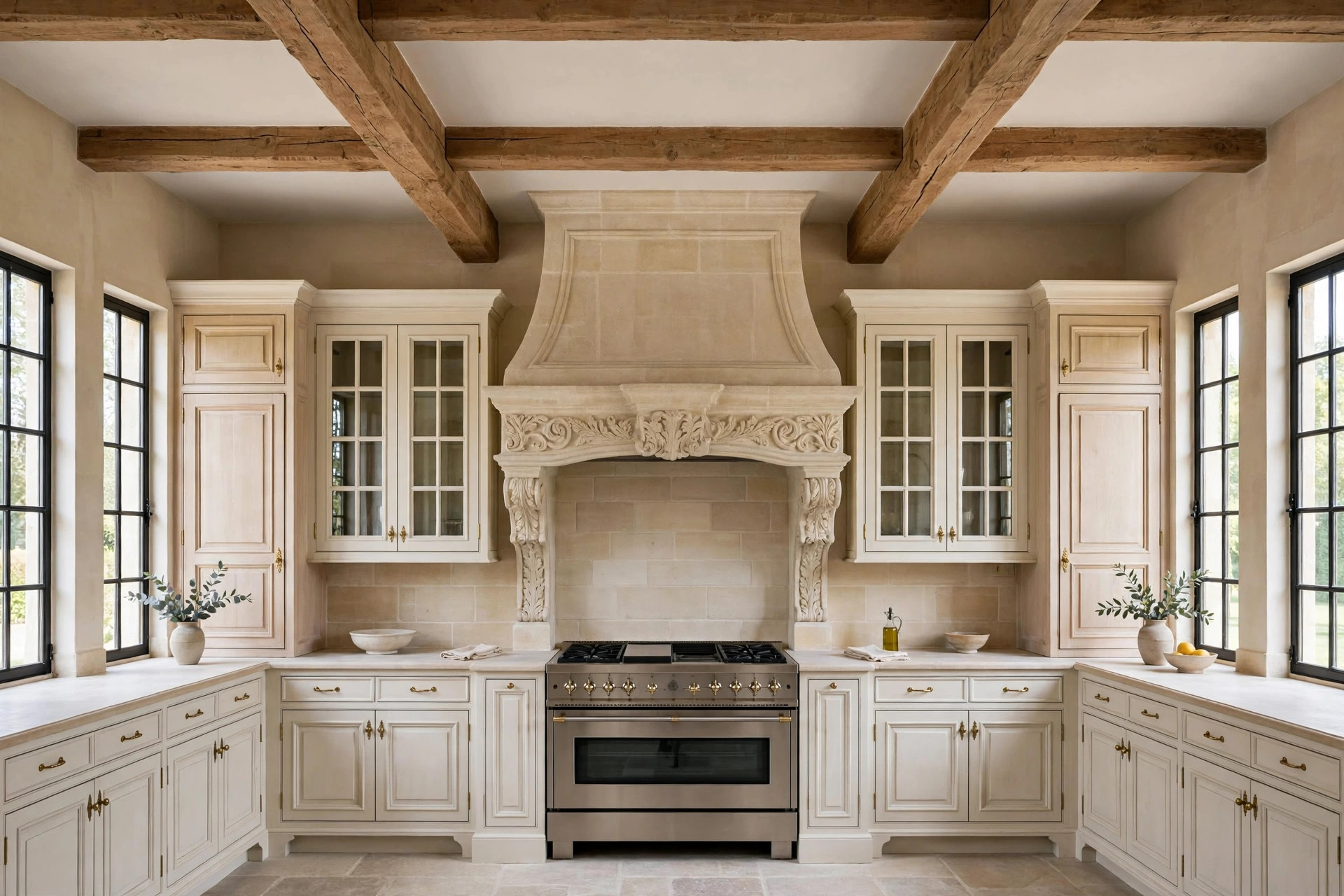 French kitchen symmetry: centered range, stone hood, and matching upper cabinets
