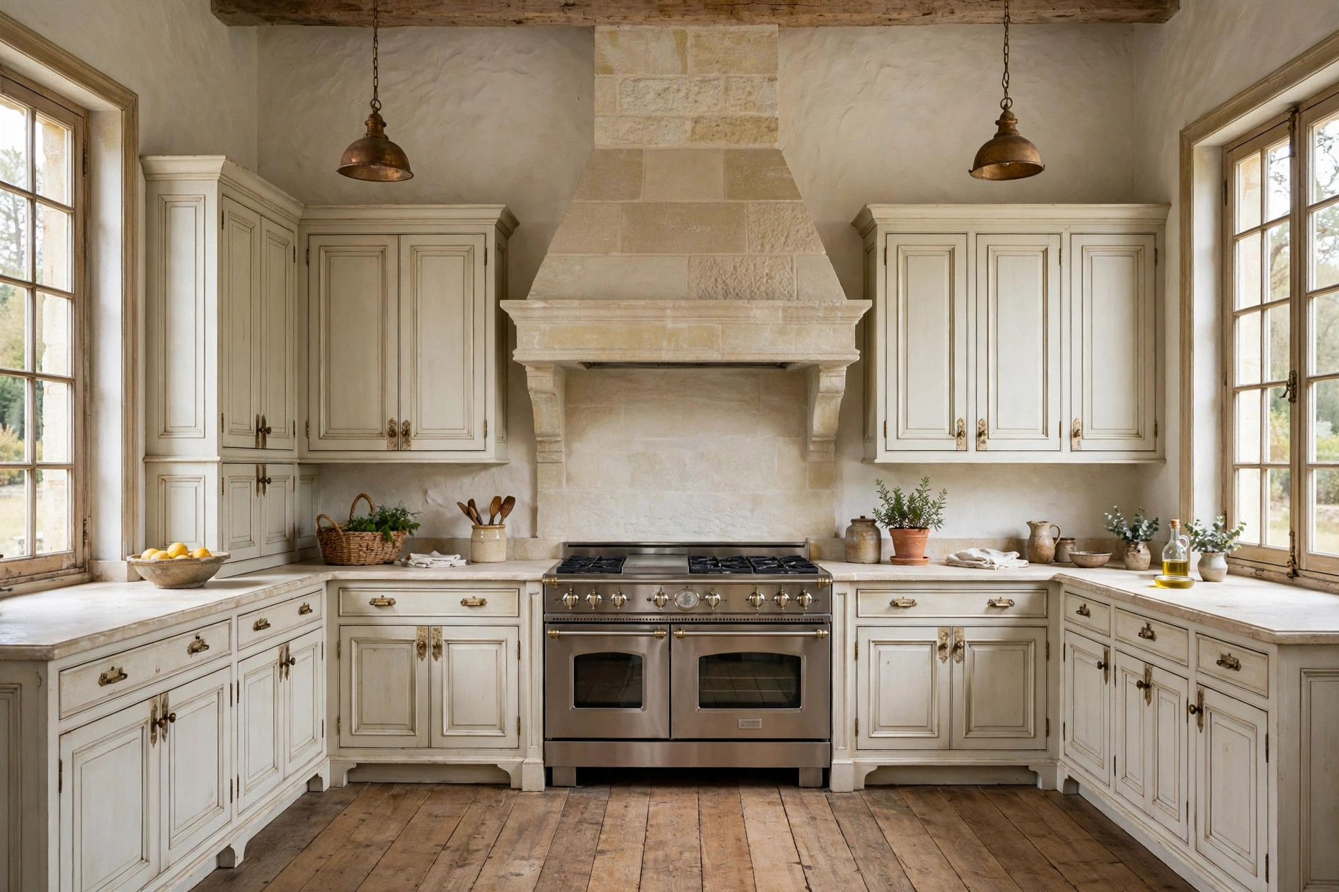 French-style kitchen with symmetrical cabinets, limestone hood, and aged brass pendant lights
