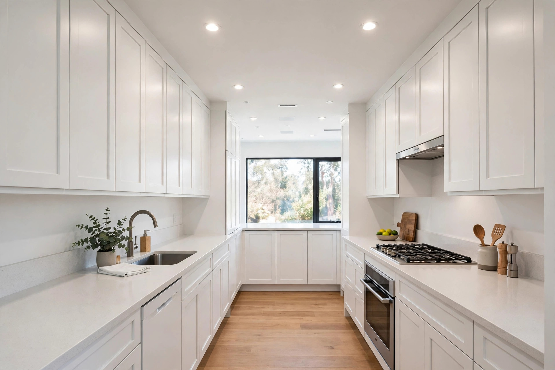 Bright double-wall galley kitchen with white shaker cabinets, light quartz counters and recessed lighting