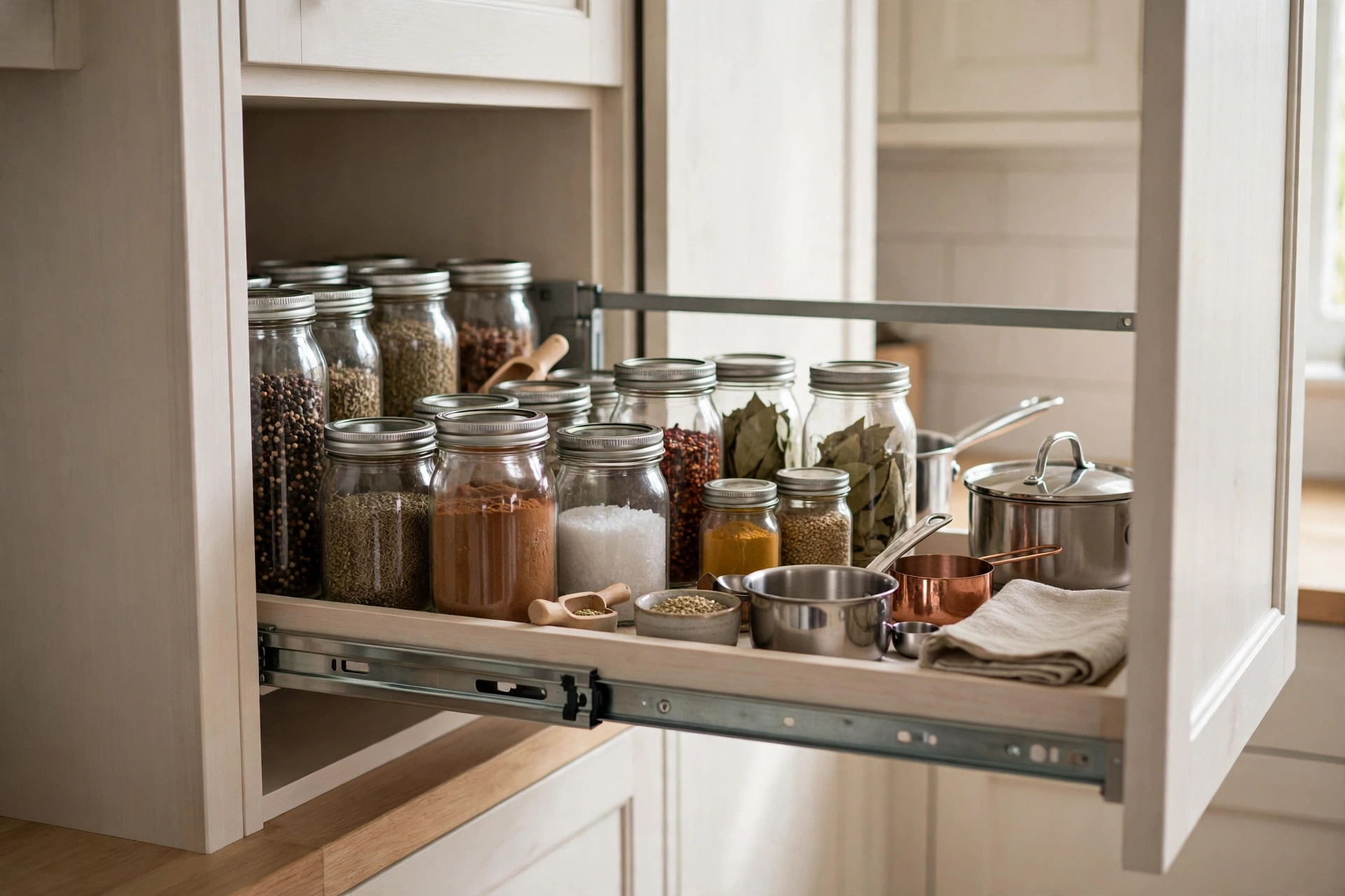 Galley kitchen cabinet with extended pullout pantry shelf holding organized jars, spices and cookware