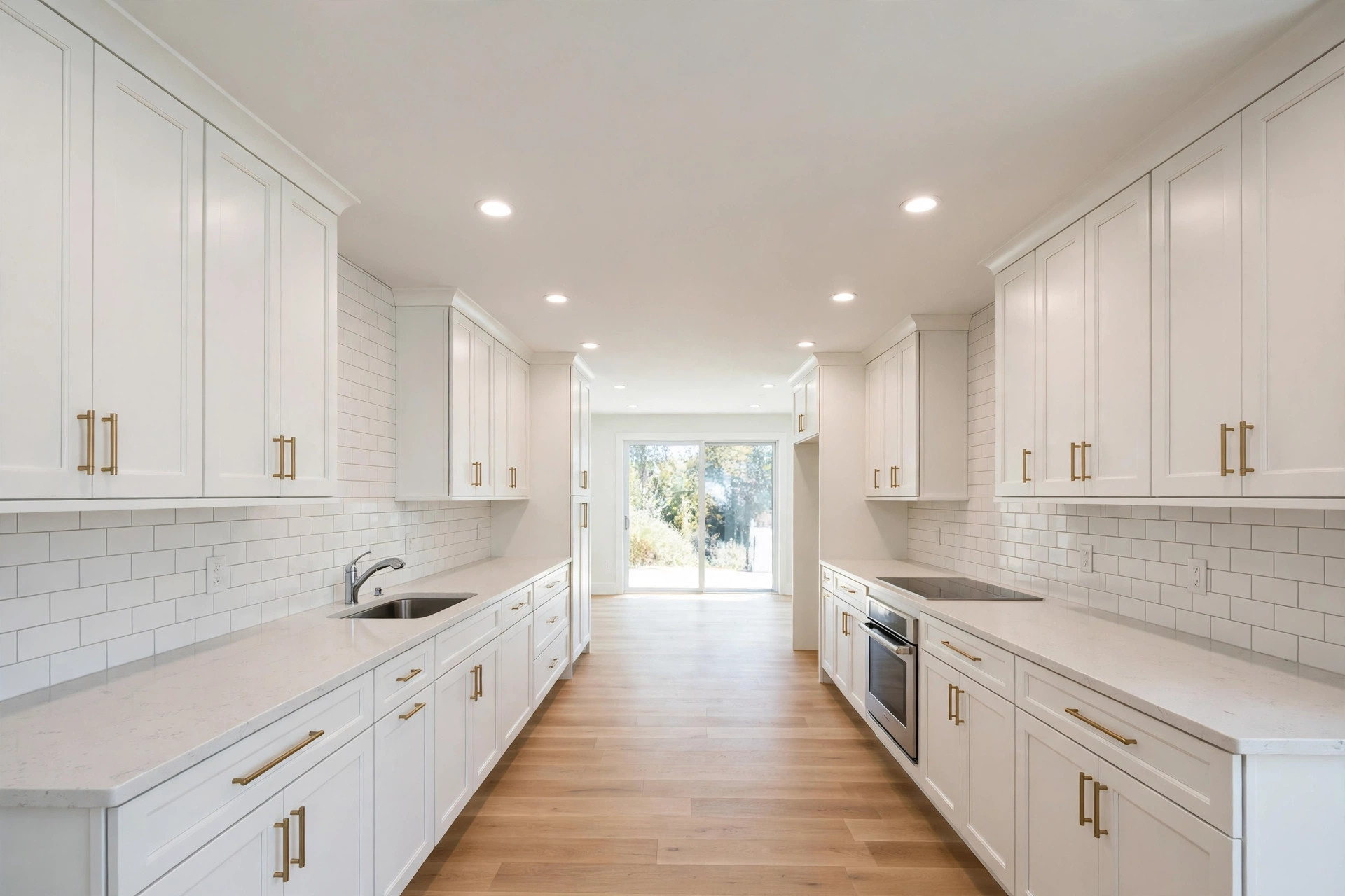 Bright galley kitchen layout in a Chula Vista home with white cabinets and efficient remodeling design