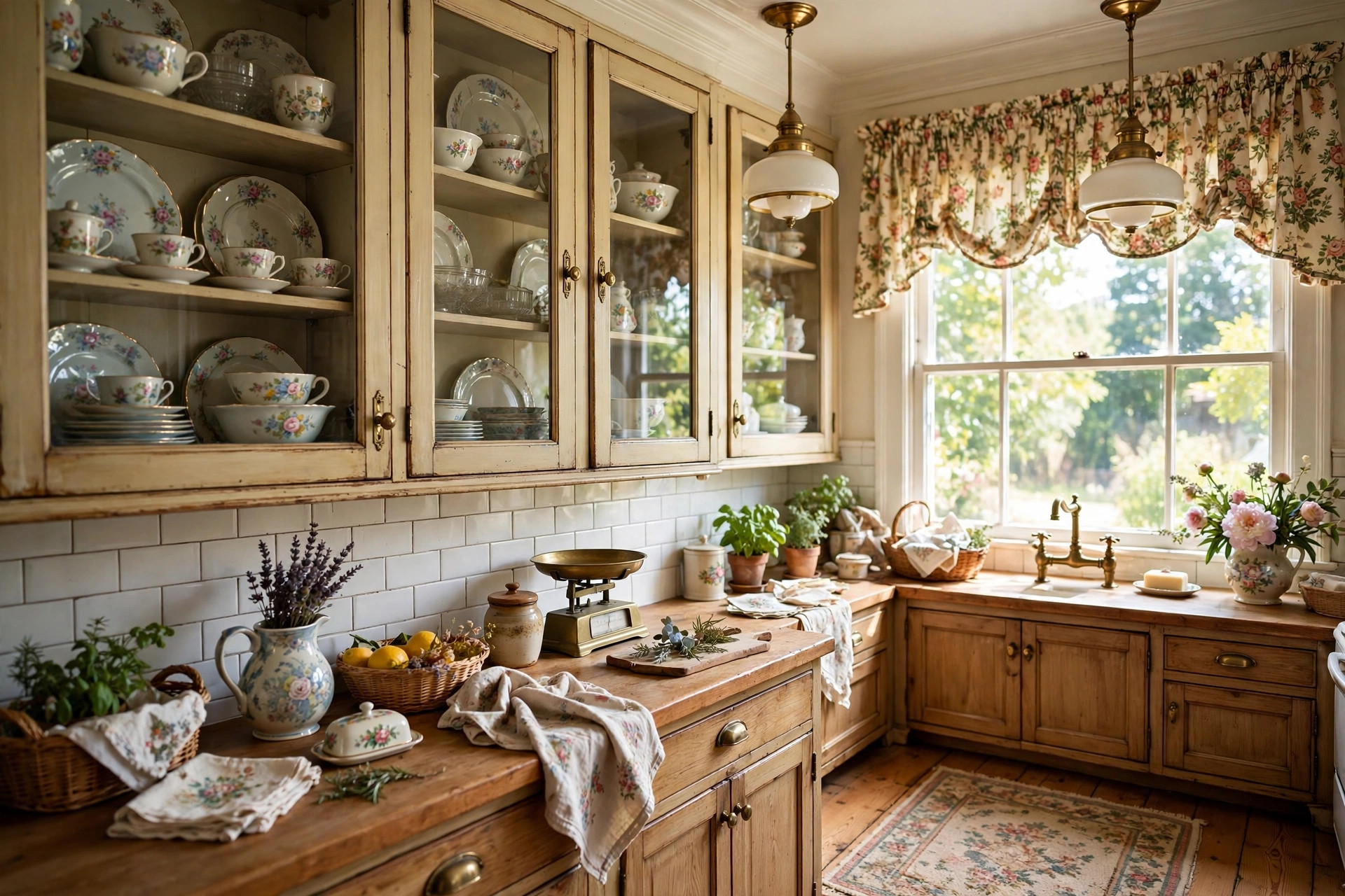 Glass-front cabinets with heirloom dishes and brass-and-milk-glass lighting in a bright grandmacore kitchen.