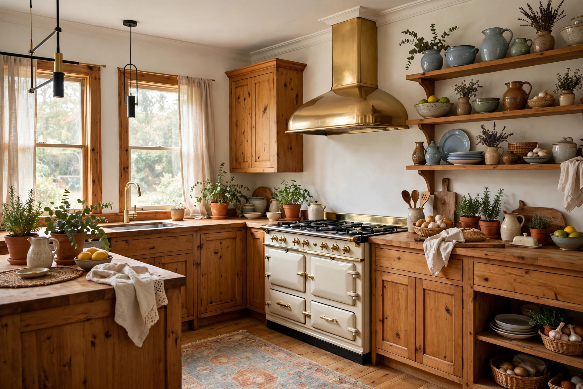 Warm wood tones paired with a vintage-style range and modern fixtures in a bright grandmacore kitchen.