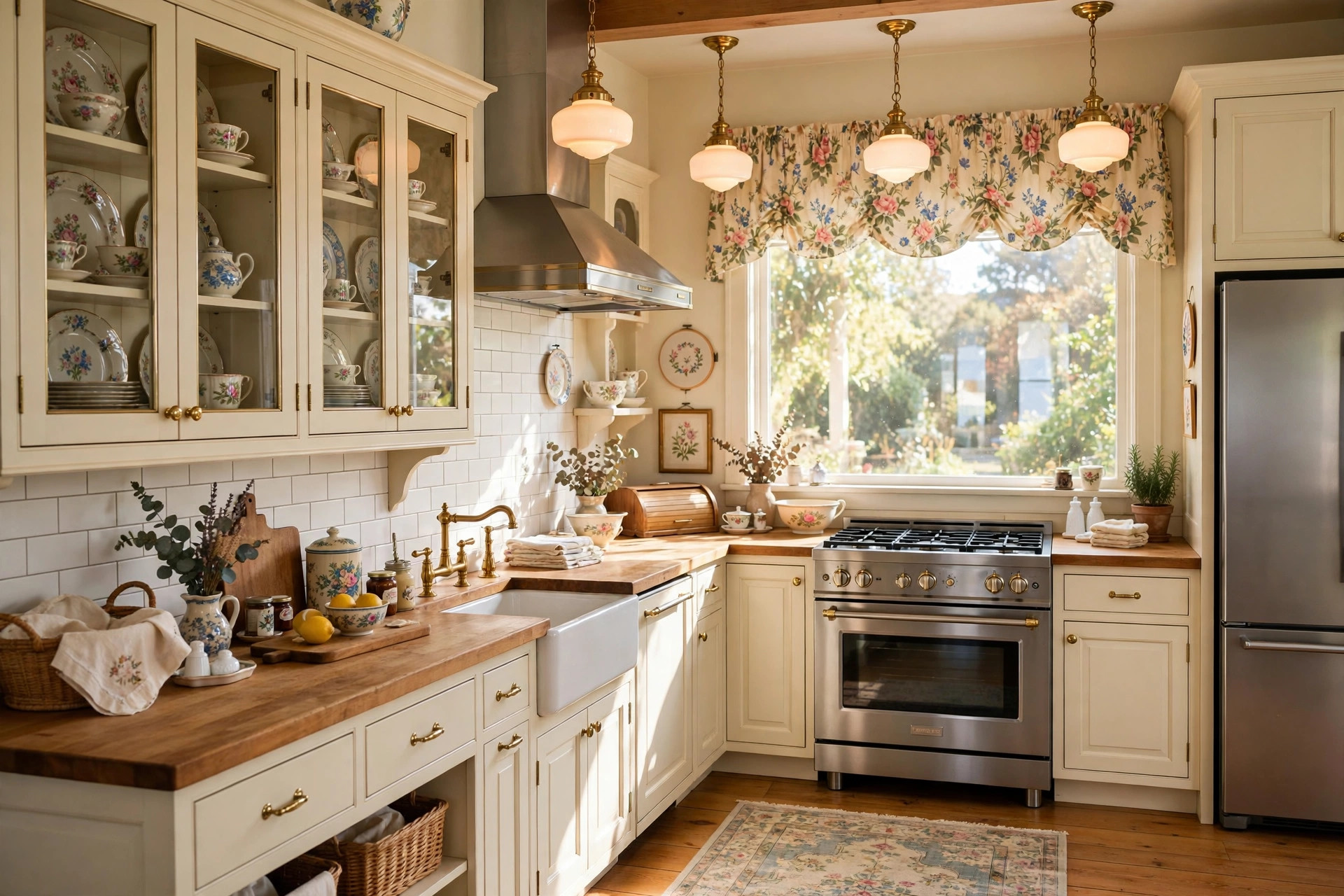 Bright grandmacore kitchen with vintage lighting, heirloom dishes, and warm wood tones in a Chula Vista home.