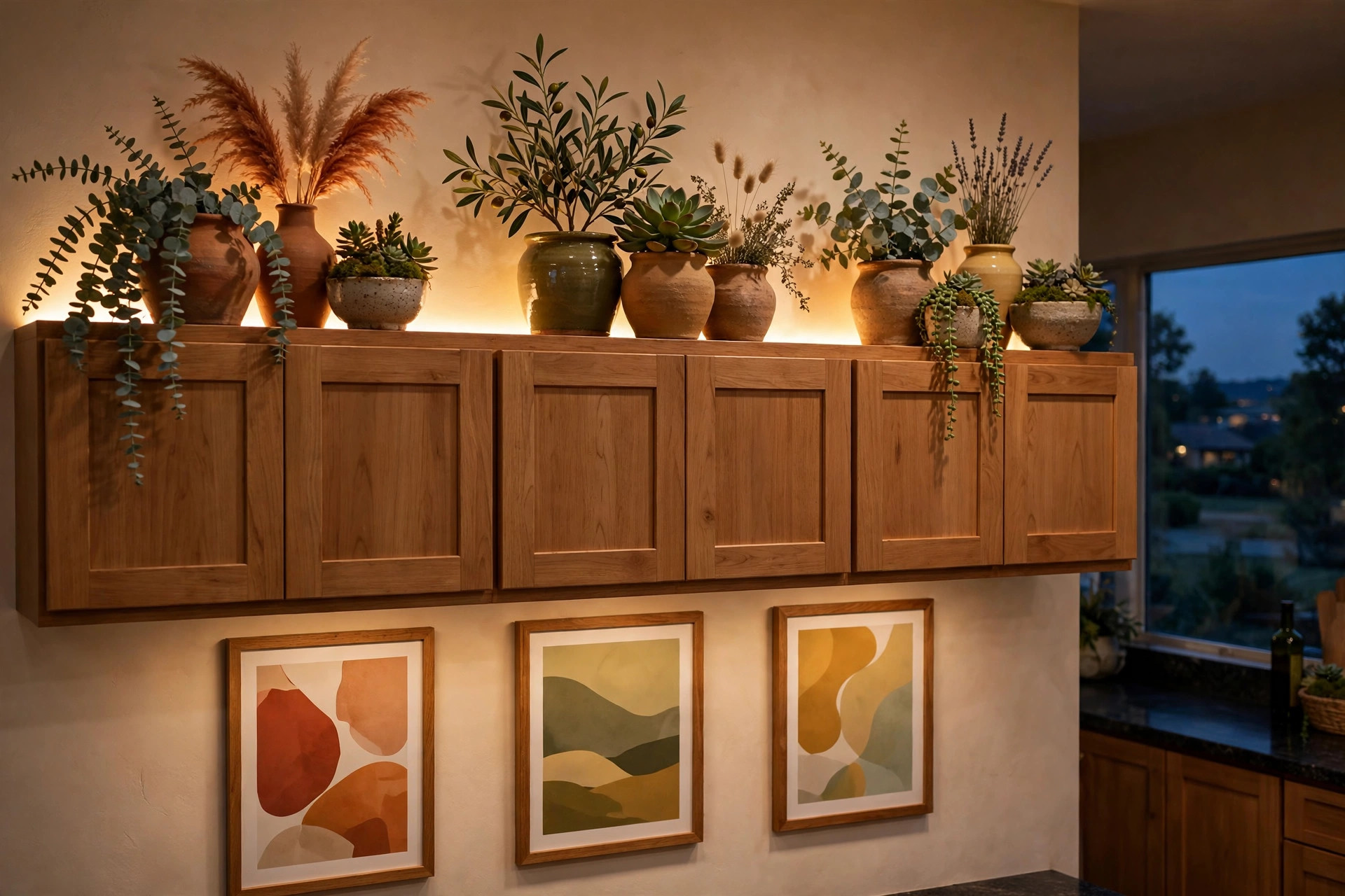 Above-cabinet decor at dusk with warm accent lighting echoing wall art colors