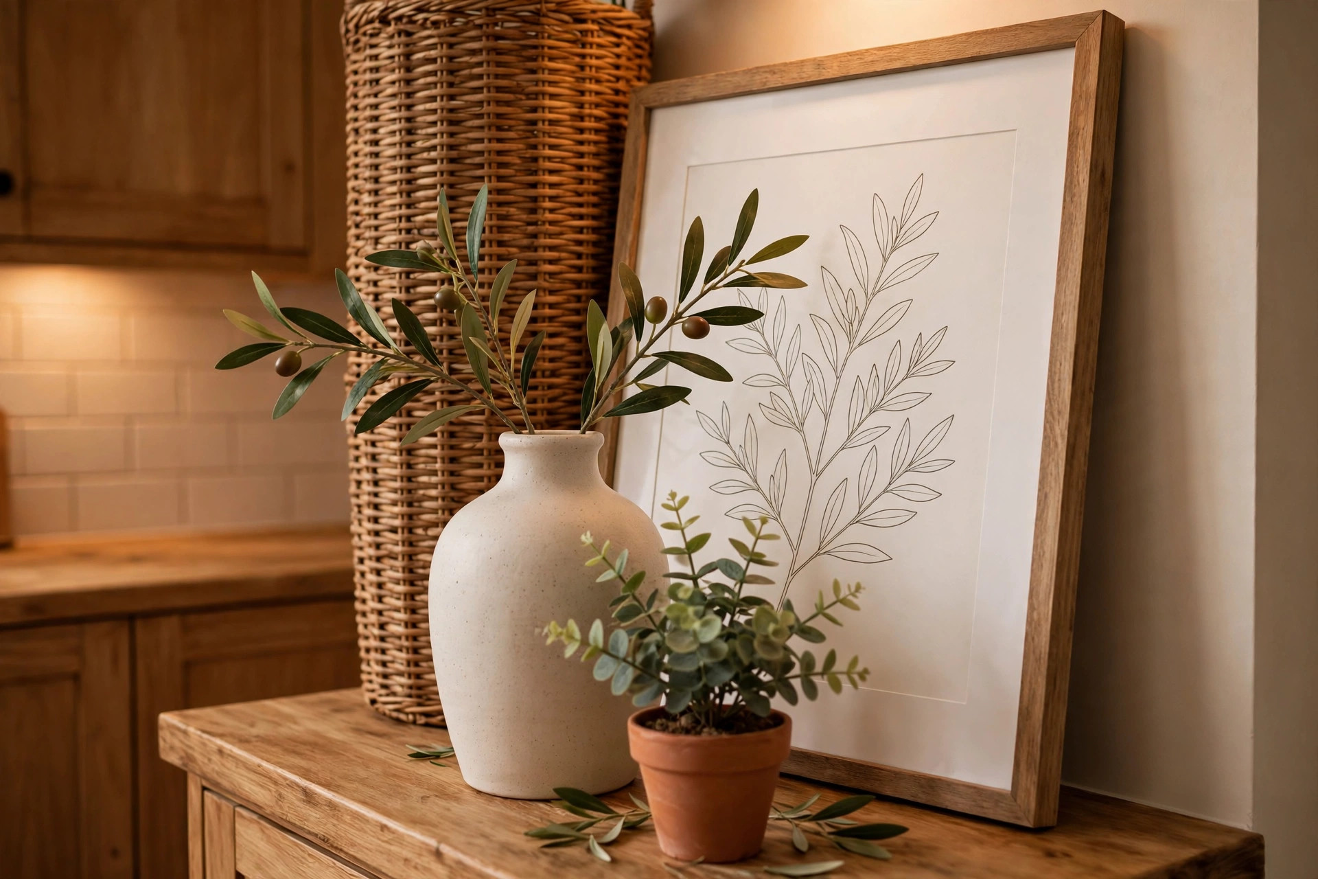 Close view of a styled above-cabinet zone with a basket, ceramics and leaning art