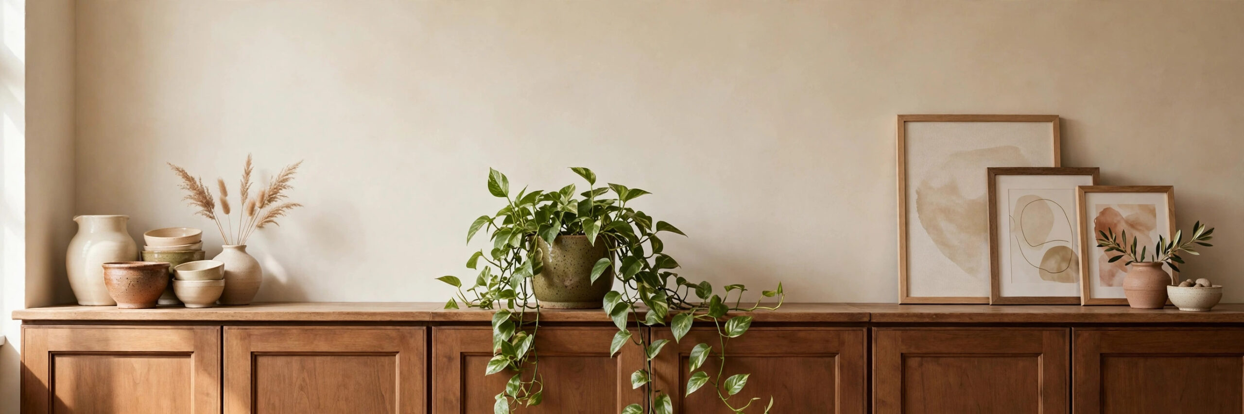 Styled above-cabinet decor with pottery, greenery and art in a warm Chula Vista kitchen